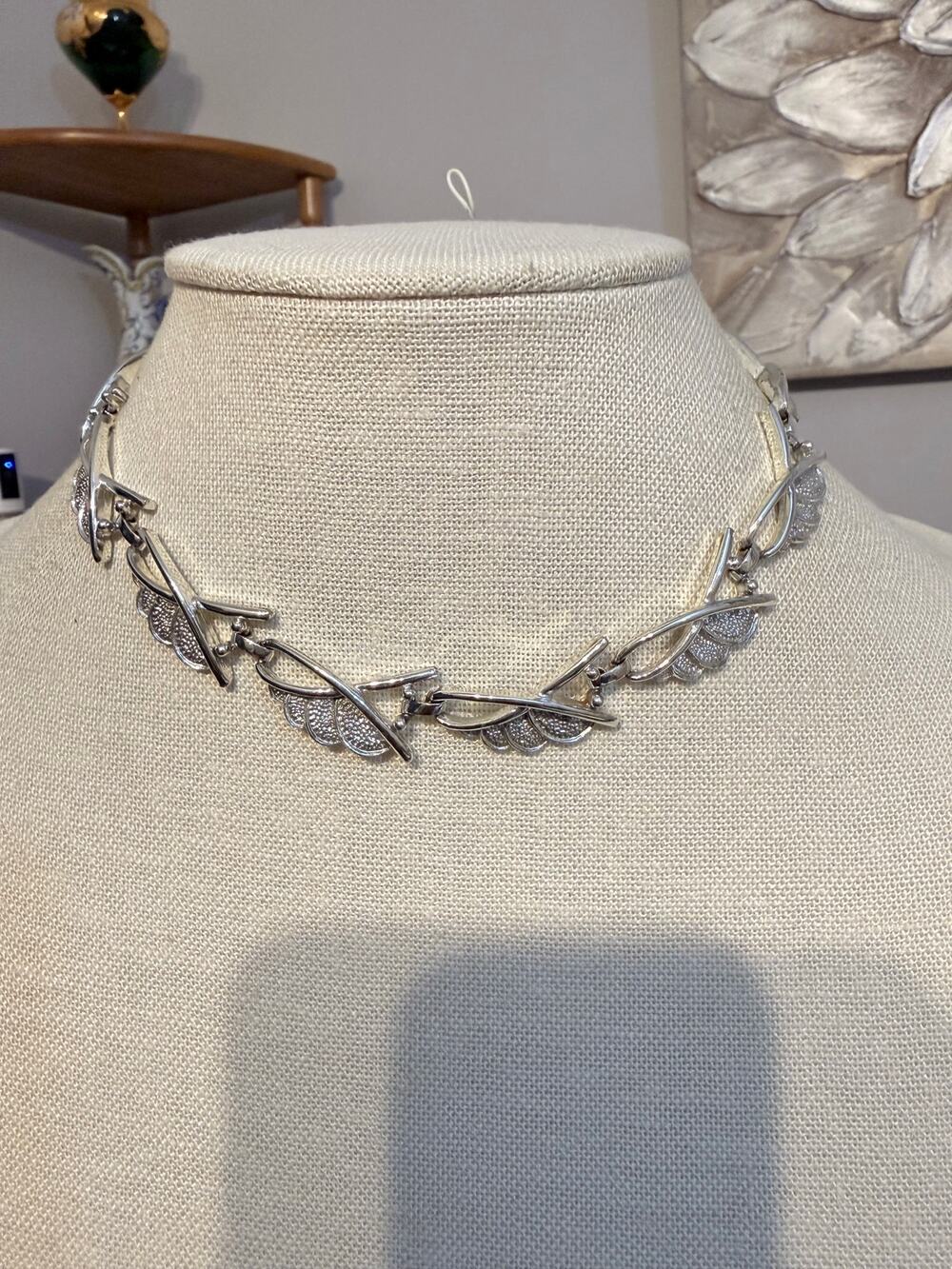 Vintage S.C. Silver Tone Leaf Necklace 13” + 4” Extender